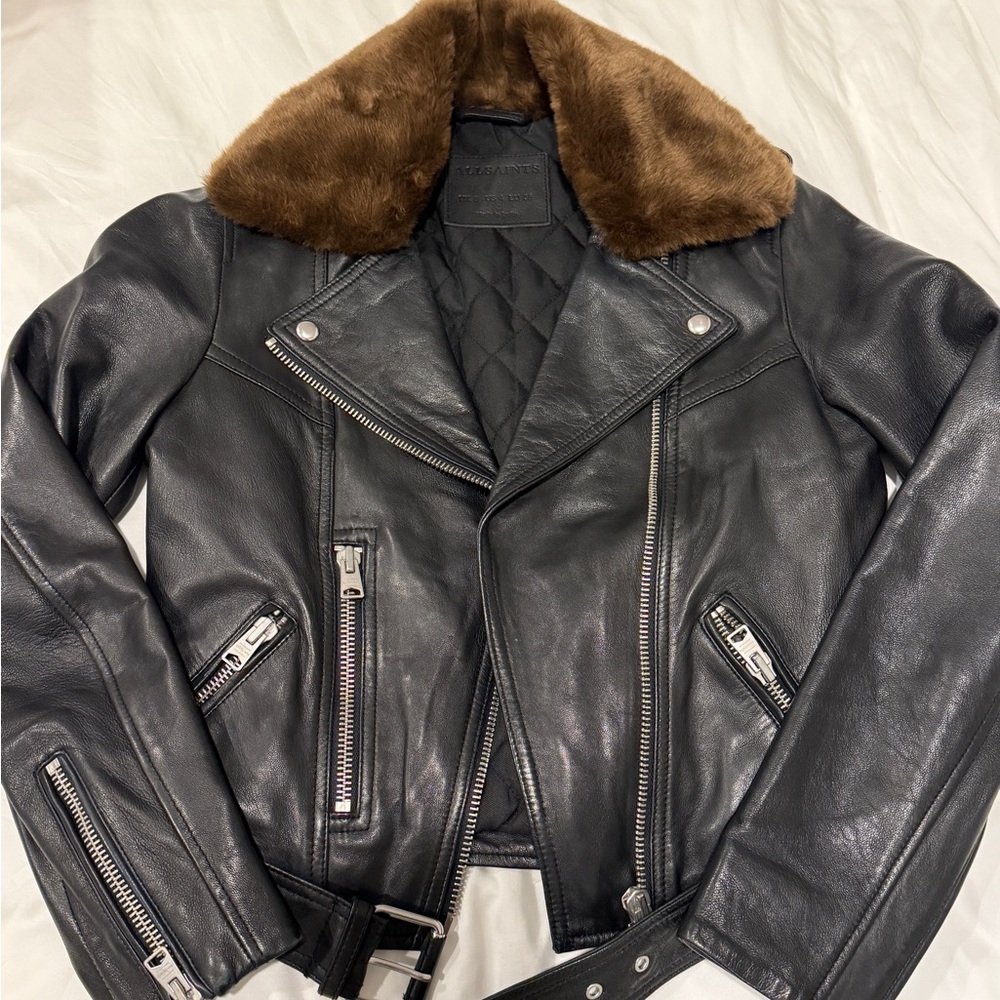 ALL SAINTS Black Leather Jacket with removable Brown faux Fur Collar